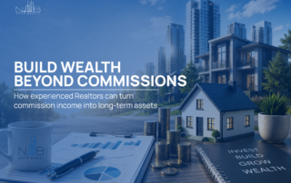 Real estate investment concept with a house model, coins, financial charts, and modern properties